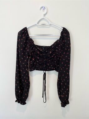Black Floral Lace-Up Long Sleeve Bardot Top